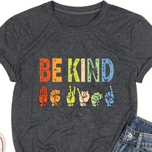 Be Kind Letter T-shirt, Crew Neck Short Sleeve T-shirt, Women's dark grey XL